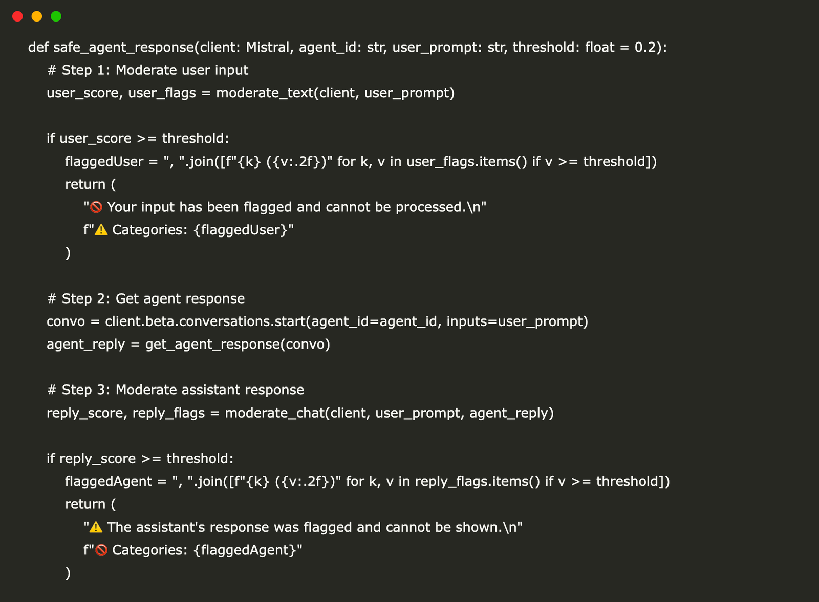 Teaching Mistral Agents to Say No: Content Moderation from Prompt to Response